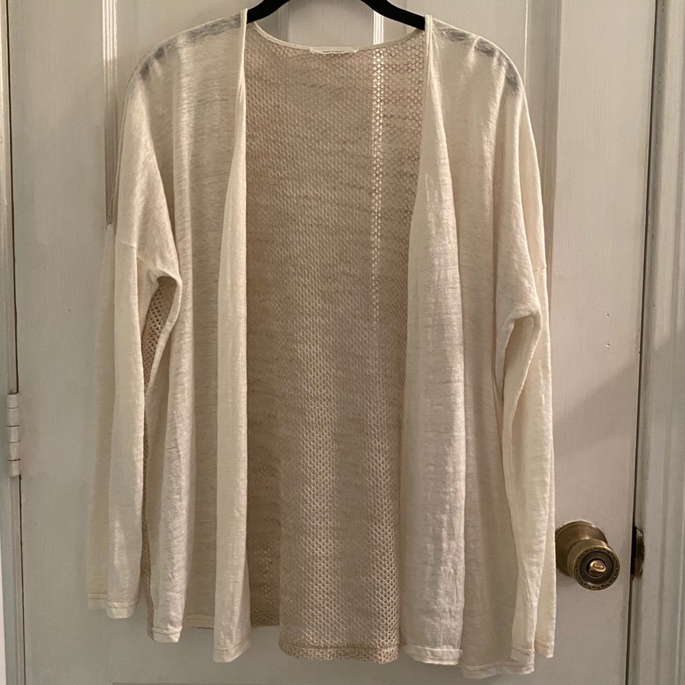 Anthro Sita Murt Linen Blend Open Weave Crochet Back 3/4 Sleeve Draped Cardigan